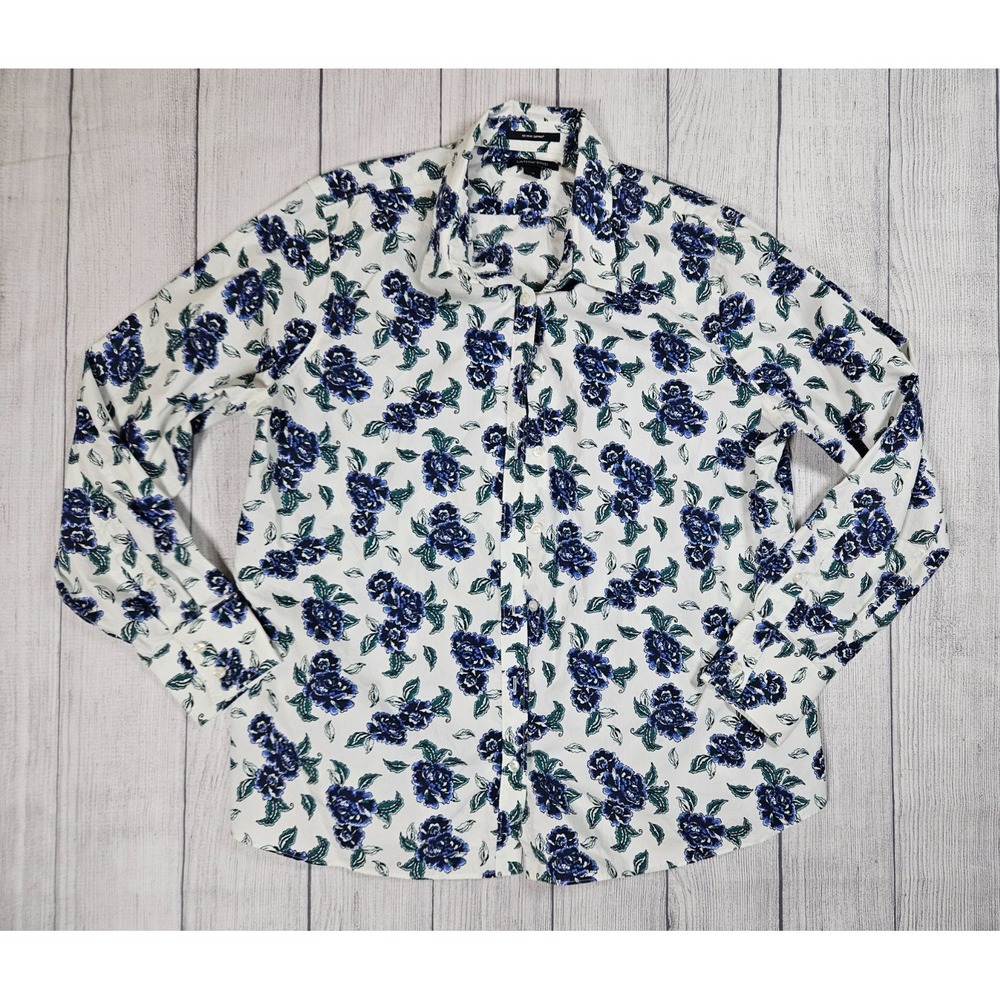 Lands'‎ End No Iron Supima Shirt Women's 18 Blue Floral 100% Cotton Button Up